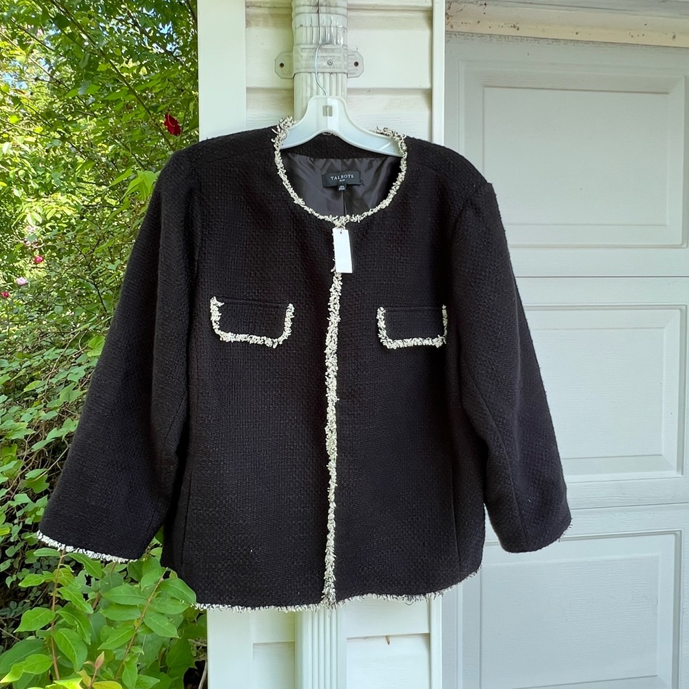NWT Talbots Gorgeous Black White Fringe Trim Fully Lined Short Blazer